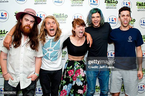 Sean Gadd, Andrew Wessen, Hannah Hooper, Christian Zucconi and Ryan Rabin of Grouplove pose at the Radio 104.5 iHeart Performance Theater on July 22,...