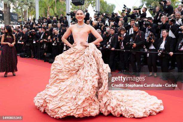 Araya Hargate attends the "Jeanne du Barry" Screening & opening ceremony red carpet at the 76th annual Cannes film festival at Palais des Festivals...