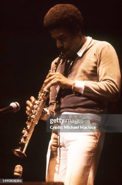 American jazz saxophonist Wayne Shorter , of the American jazz fusion band Weather Report, plays on stage at the Beacon Theatre in New York, New...