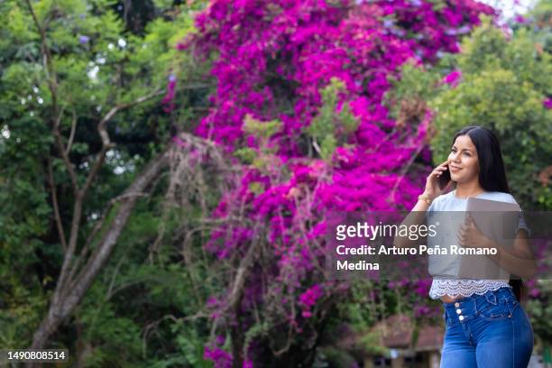 mujer haciendo una llamada de trabajo al aire libre - indigenas mexicanos fotografías e imágenes de stock