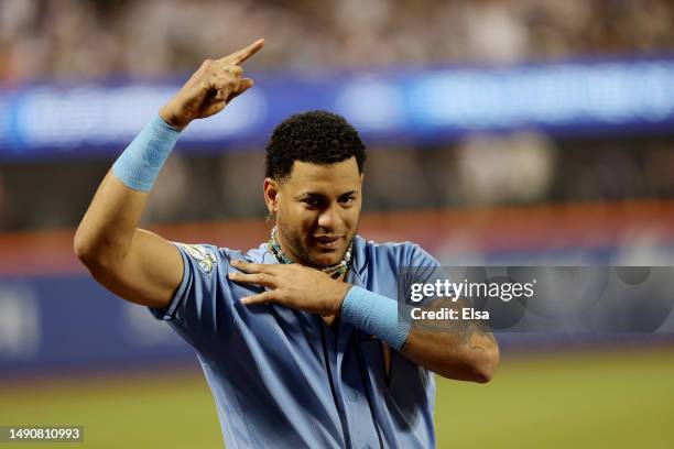 Jose Siri of the Tampa Bay Rays celebrates a two run home run in the fifth inning by teammate Isaac Paredes against the New York Mets at Citi Field...