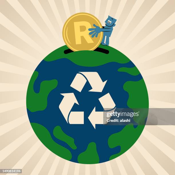 in the concept of sustainable business, growing a clean eco earth fund, and environmental protection, the blue man puts money into the planet earth with a recycling symbol - rand stock illustrations