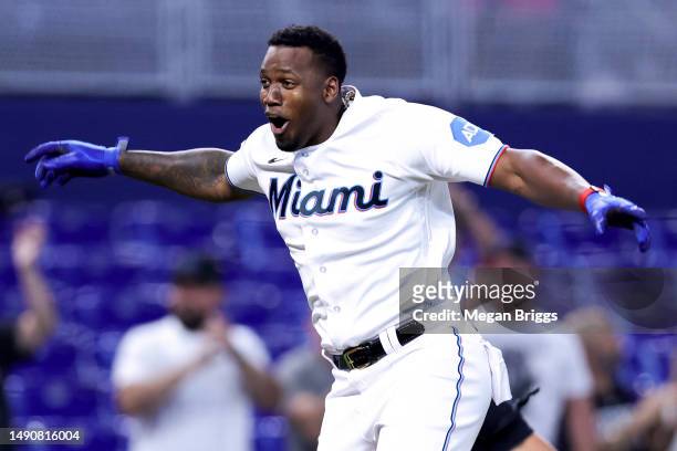 Jorge Soler of the Miami Marlins celebrates walk-off two-run home run in the bottom of the ninth inning for 5-4 win against the Washington Nationals...