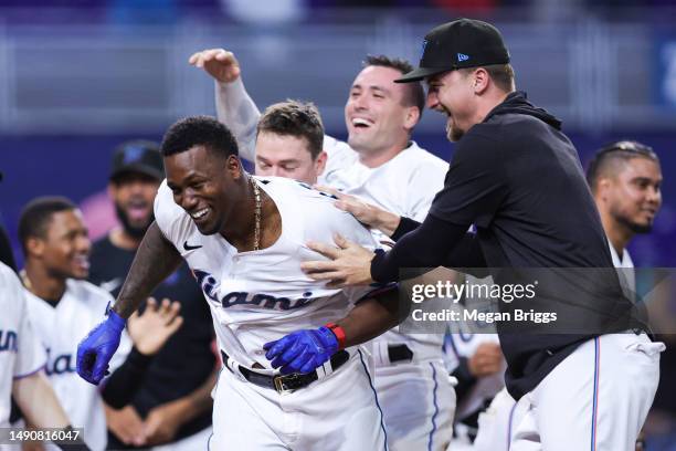 Jorge Soler of the Miami Marlins celebrates walk-off two-run home run in the bottom of the ninth inning for 5-4 win against the Washington Nationals...