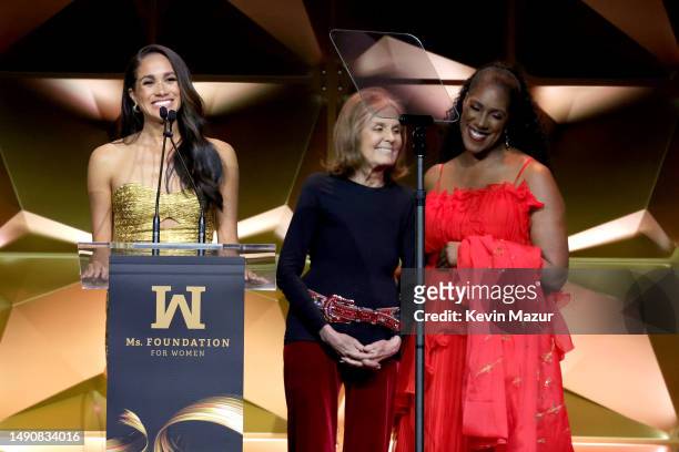 Woman of Vision Meghan, The Duchess of Sussex speaks onstage with Gloria Steinem and Teresa Younger during the Ms. Foundation Women of Vision Awards:...