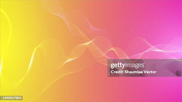 illustrations, cliparts, dessins animés et icônes de la technologie futuriste moderne vague de lignes fluides et de particules de points sur fond d’été orange, rose, rouge et jaune. - musique