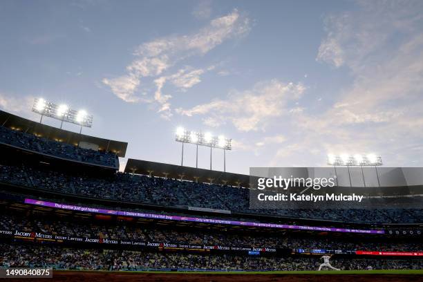 General view as Clayton Kershaw of the Los Angeles Dodgers pitches during the second inning against the Minnesota Twins at Dodger Stadium on May 16,...