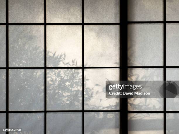 View of shadows on a shoji screen in the historic Shinchaya Inn on the Nakasendo Way on November 7, 2022 in the post town of Magome, Japan.