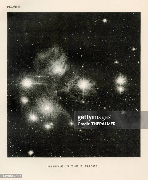 ilustraciones, imágenes clip art, dibujos animados e iconos de stock de nebulosa en las pléyades - ilustración 1886 - las pléyades