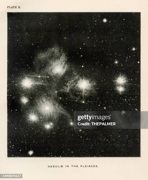 nebula in the pleiades -  illustration 1886 - pleiades stock illustrations