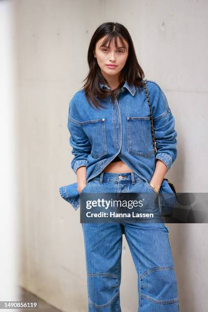 Sarah Ellen wearing denim shirt and denim jeans at Afterpay Australian Fashion Week 2023 at Carriageworks on May 17, 2023 in Sydney, Australia.