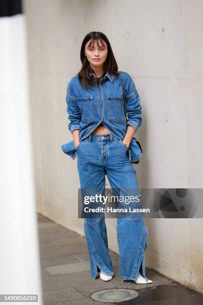 Sarah Ellen wearing denim shirt and denim jeans at Afterpay Australian Fashion Week 2023 at Carriageworks on May 17, 2023 in Sydney, Australia.