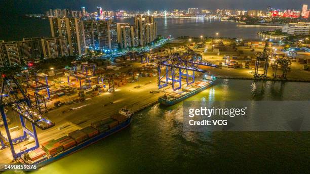 Aerial view of the container terminal at Haikou Port on May 15, 2023 in Haikou, Hainan Province of China.