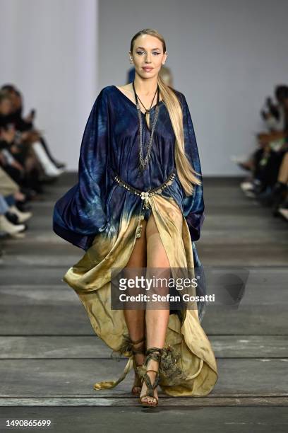 Imogen Anthony walks the runway in a design by Soltyslabel during the The Innovators: Fashion Design Studio TAFE NSW show during Afterpay Australian...