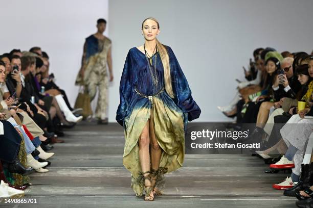 Imogen Anthony walks the runway in a design by Soltyslabel during the The Innovators: Fashion Design Studio TAFE NSW show during Afterpay Australian...