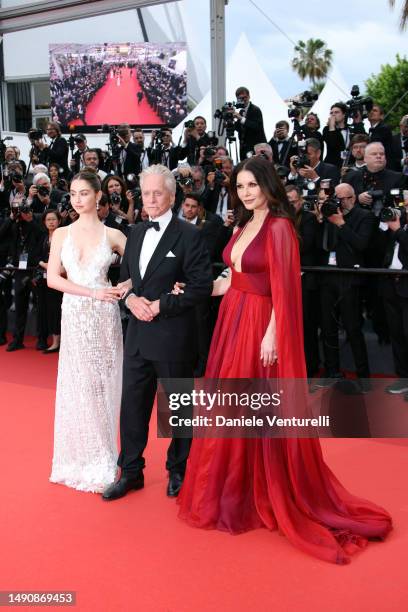 Carys Zeta Douglas, Michael Douglas and Catherine Zeta-Jones attend the "Jeanne du Barry" Screening & opening ceremony red carpet at the 76th annual...