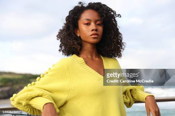 Model poses backstage ahead of the JOSLIN Resort '24 runway show at Clovelly Pool during Afterpay Australian Fashion Week 2023 on May 17, 2023 in...