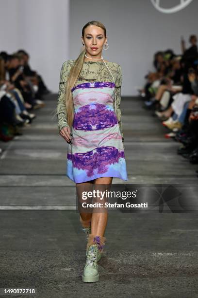 Imogen Anthony walks the runway in a design by MnQ during The Innovators: Fashion Design Studio TAFE NSW show during Afterpay Australian Fashion Week...