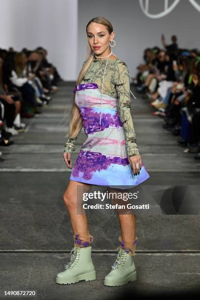 Imogen Anthony walks the runway in a design by MnQ during The Innovators: Fashion Design Studio TAFE NSW show during Afterpay Australian Fashion Week...