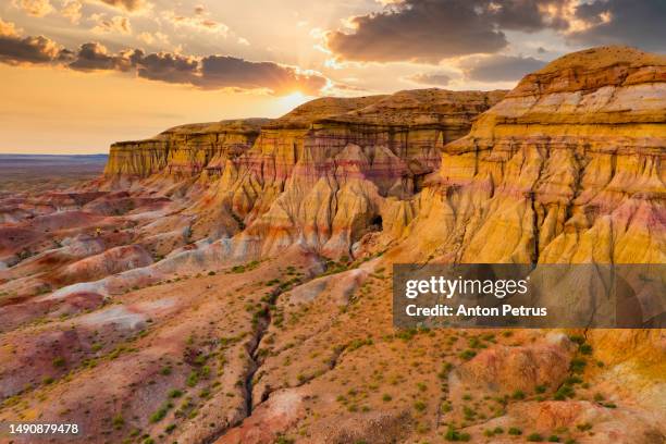 tsagaan suvarga (white stupa) at sunset. gobi desert, mongolia. aerial view - independent mongolia stock pictures, royalty-free photos & images