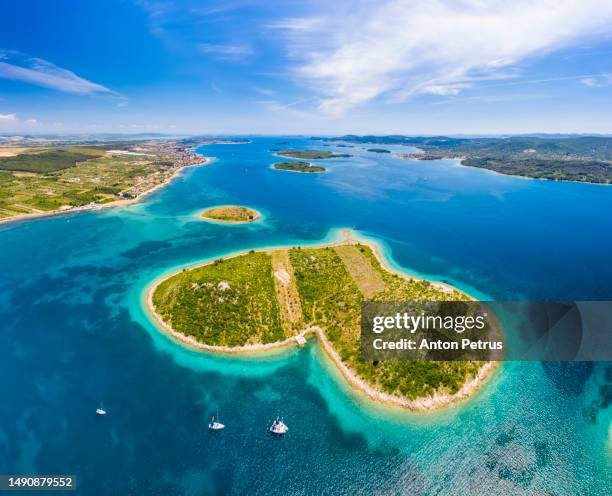 aerial view of galesnjak island or island of love, croatia - croatian culture stock pictures, royalty-free photos & images