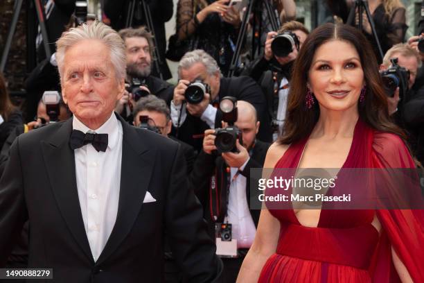 Michael Douglas and Catherine Zeta-Jones attend the "Jeanne du Barry" Screening & opening ceremony red carpet at the 76th annual Cannes film festival...