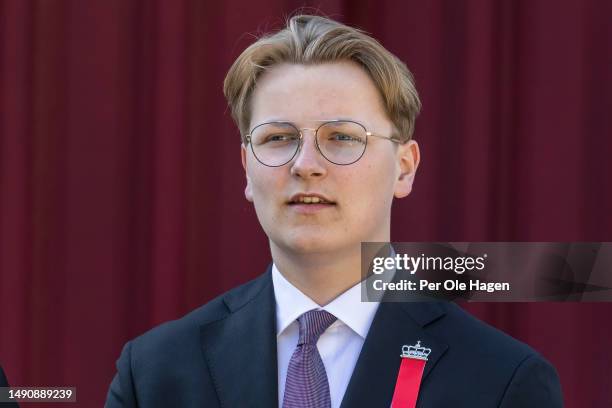 Prince Sverre magnus attends the children's parade at the residency of the Royal Crown Prince family, Skaugum, on Norway's National Day on May 17,...