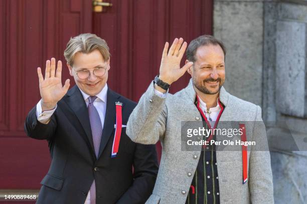 Prince Sverre Magnus and Crown Prince Hakon Magnus attend the children's parade at the residency of the Royal Crown Prince family, Skaugum, on...