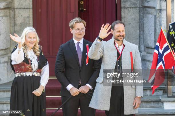 Crown Princess Mette Marit, Prince Sverre Magnus and Crown Prince Hakon Magnus attend the children's parade at the residency of the Royal Crown...