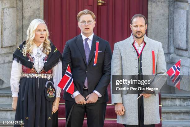 Crown Princess Mette Marit, Prince Sverre Magnus and Crown Prince Hakon Magnus attend the children's parade at the residency oif the Royal Crown...