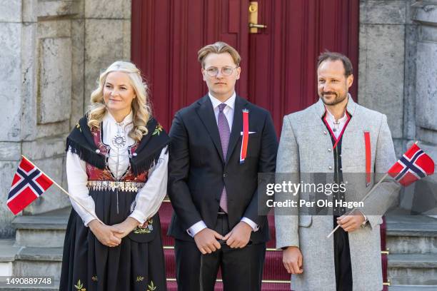 Crown Princess Mette Marit, Prince Sverre Magnus and Crown Prince Hakon Magnus attend the children's parade at the residency of the Royal Crown...