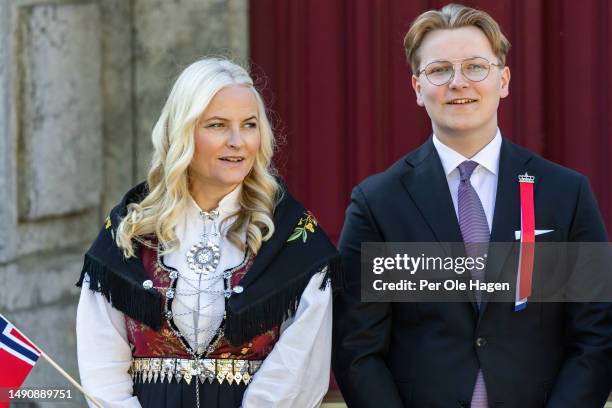 Crown Princess Mette Marit and Princde Sverre Magnus attend the children's parade at the residency of the Royal Crown Prince family, Skaugum, on...