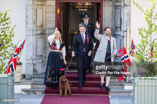 Crown Princess Mette Marit, Prince Sverre Magnus and Crown Prince Hakon Magnus attend the children's parade at the residency of the Royal Crown...