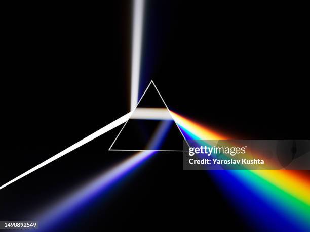 prism splitting light into color dispersion spectrum cgi- stock photo - spectre lumineux photos et images de collection