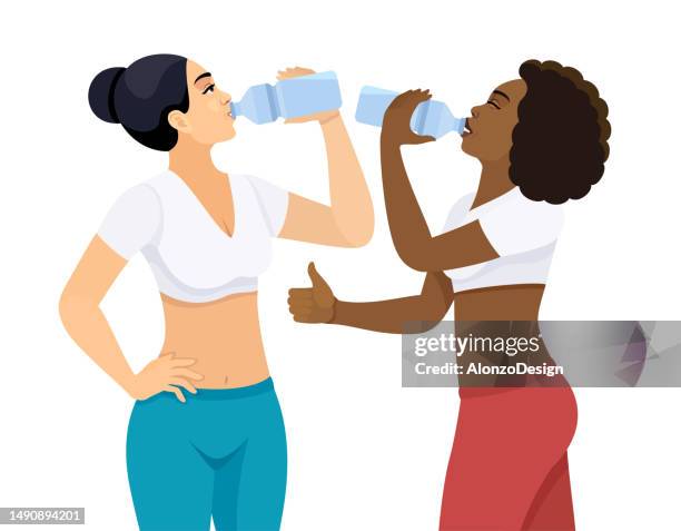 beautiful young women drinking water. - drinking spirits stock illustrations