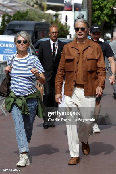 Mads Mikkelsen and his wife Hanne Jacobsen are seen during the 76th Cannes film festival on May 17, 2023 in Cannes, France.