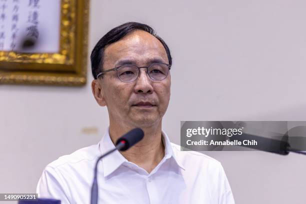 S chairman, Eric Chu, announces the nomination of KMT's presidential candidate at a KMT Central Standing Committee meeting on May 17, 2023 in Taipei,...