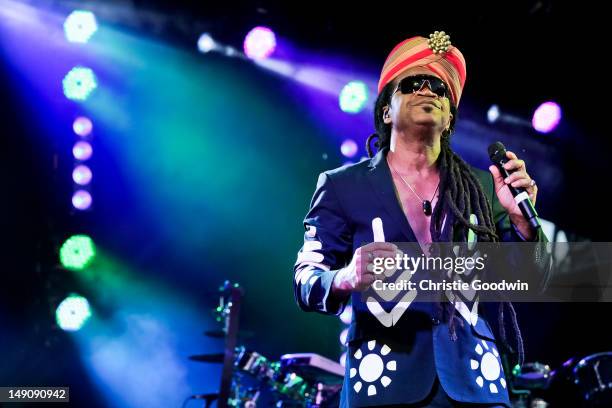 Carlinhos Brown performs on the America stage on Day 2 of the BT River Of Music Festival at Tower of London on July 22, 2012 in London, United...