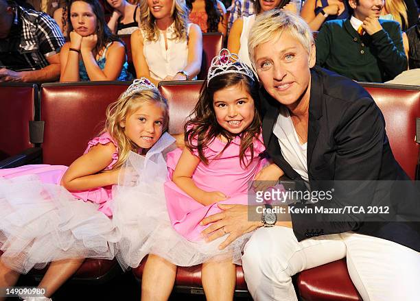 Personality Ellen DeGeneres with Rosie McClelland and Sophia Grace Brownlee in the audience during the 2012 Teen Choice Awards at Gibson Amphitheatre...