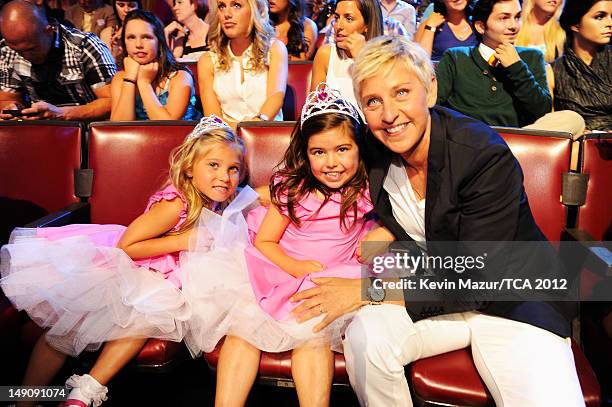 Personality Ellen DeGeneres with Rosie McClelland and Sophia Grace Brownlee in the audience during the 2012 Teen Choice Awards at Gibson Amphitheatre...