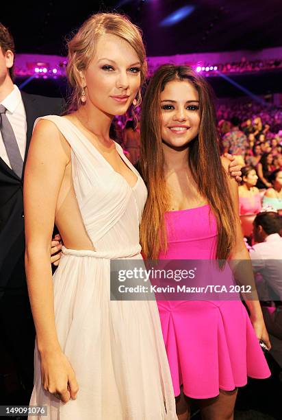 Musician Taylor Swift and actress/singer Selena Gomez attend the 2012 Teen Choice Awards at Gibson Amphitheatre on July 22, 2012 in Universal City,...