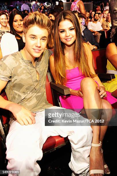 Singer Justin Bieber and actress/singer Selena Gomez attend the 2012 Teen Choice Awards at Gibson Amphitheatre on July 22, 2012 in Universal City,...