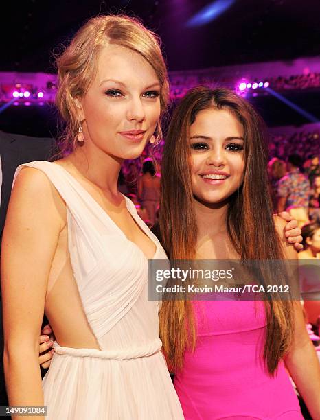 Musician Taylor Swift and actress/singer Selena Gomez attend the 2012 Teen Choice Awards at Gibson Amphitheatre on July 22, 2012 in Universal City,...