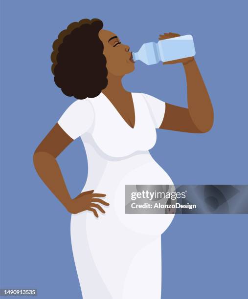 stockillustraties, clipart, cartoons en iconen met pregnant african american woman drinking water. healthy diet during pregnancy. - drinking water glass woman