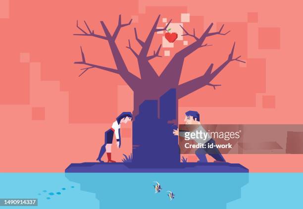 couple leaning on leafless tree with heart hanged on - divorce press conference stock illustrations