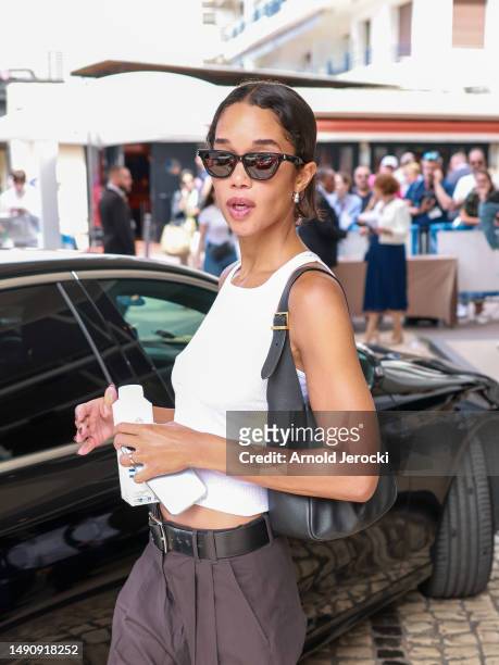 Laura Harrier is seen at the Martinez hotel during the 76th Cannes film festival on May 17, 2023 in Cannes, France.