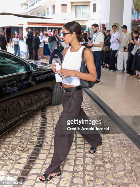 Laura Harrier is seen at the Martinez hotel during the 76th Cannes film festival on May 17, 2023 in Cannes, France.