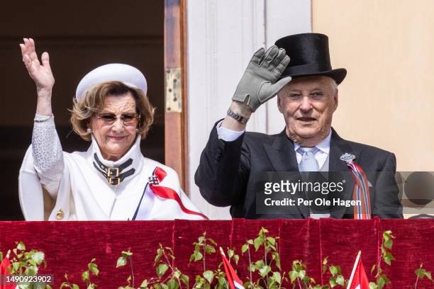 Her Majesty Queen Sonja and His Majesty King Harald attend the children's parade at the Royal Castle on Norway's National Day on May 17, 2023 in...