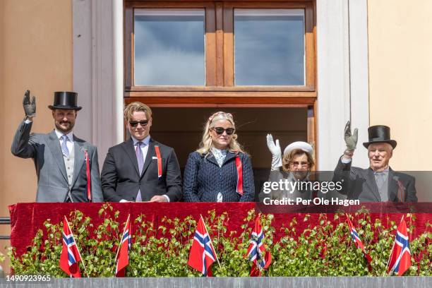 Crown Prince Hakon Magnus, Prince Sverre magnus, Crown Princess Mette Marit, Queen Sonja and King Harald attend the children's parade at the Royal...