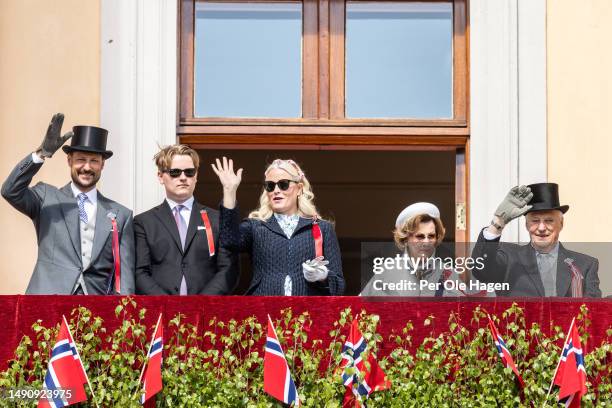 Crown Prince Hakon Magnus, Prince Sverre magnus, Crown Princess Mette Marit, Queen Sonja and King Harald attend the children's parade at the Royal...